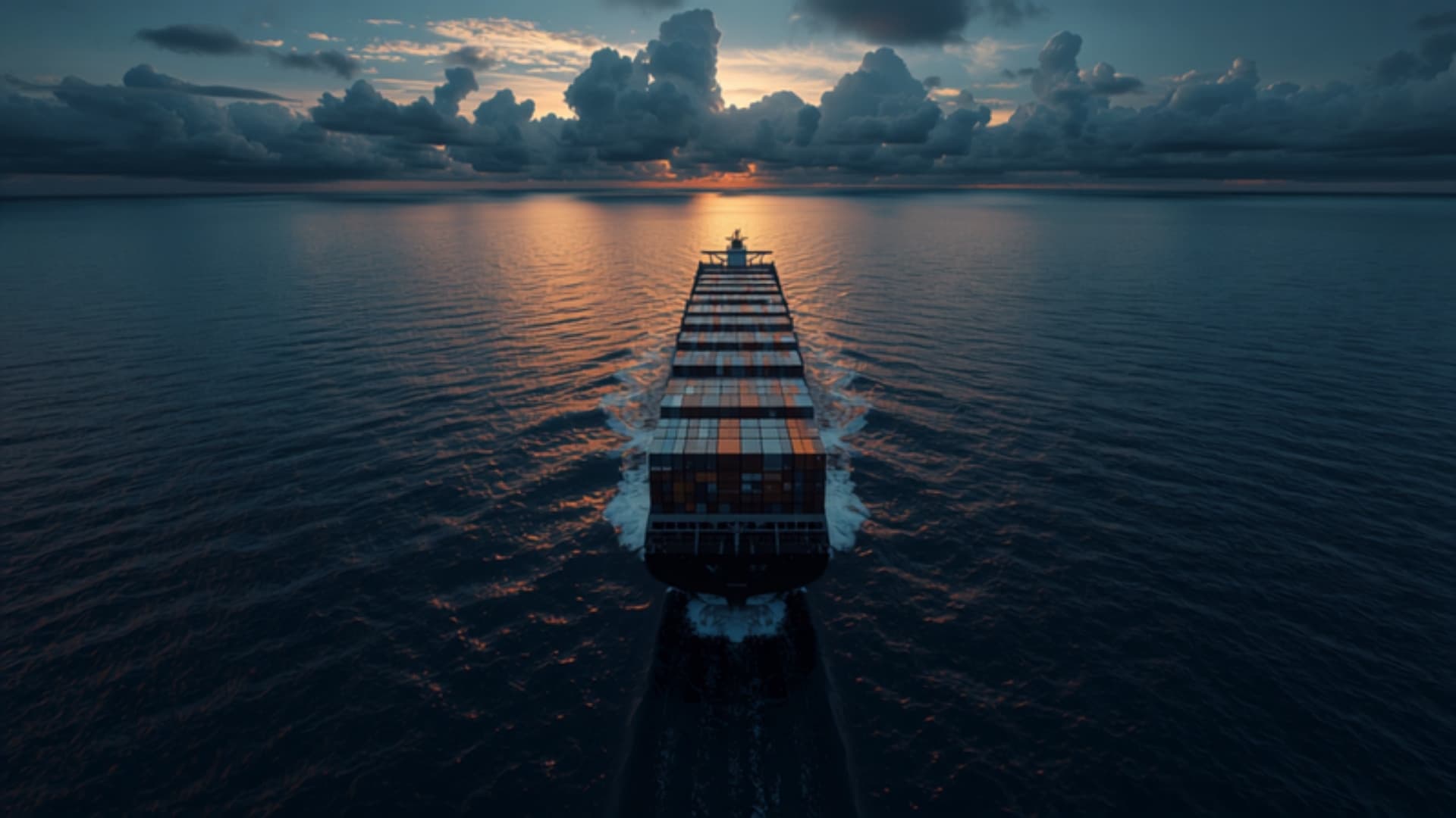 Container vessel crossing a deep navy ocean at dusk, aerial view