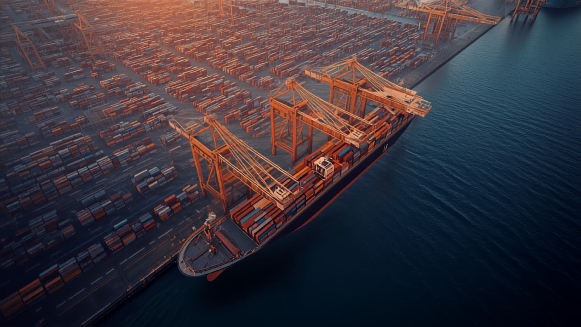 Aerial view of a container terminal at dusk with gantry cranes